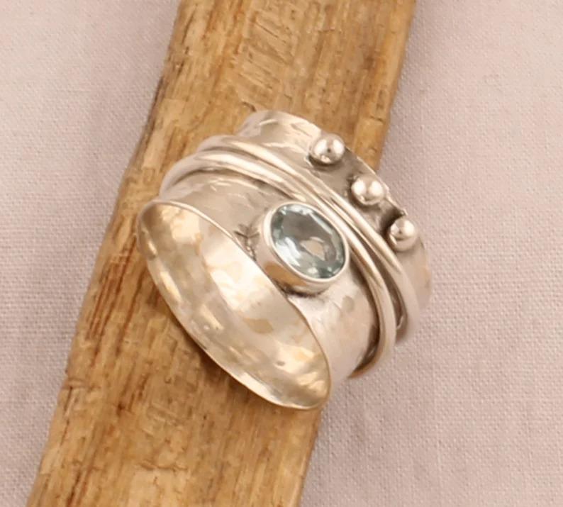 Blue Topaz Gemstone Spinner Band Ring, Statement Ring, 925 Sterling Silver Handmade Designer Ring, Wedding Gifts