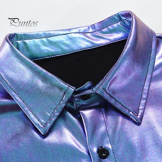 Men Surface Glossy Shirt Performance Turndown Collar Singlebreasted Long Sleeves Buttons Satin Club Party Disco Stage Show