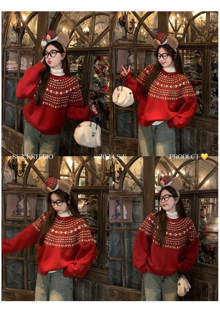 New Winter Arrival: Retro Fair Isle Red Jacquard Knit Top - Cozy, Soft, Fluffy Sweater for Women