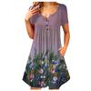 Ladies Casual Round Neck Button Ruched Trim Printed High Waist Loose Dress