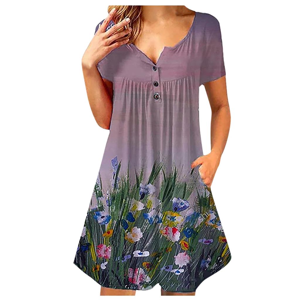 Ladies Casual Round Neck Button Ruched Trim Printed High Waist Loose Dress