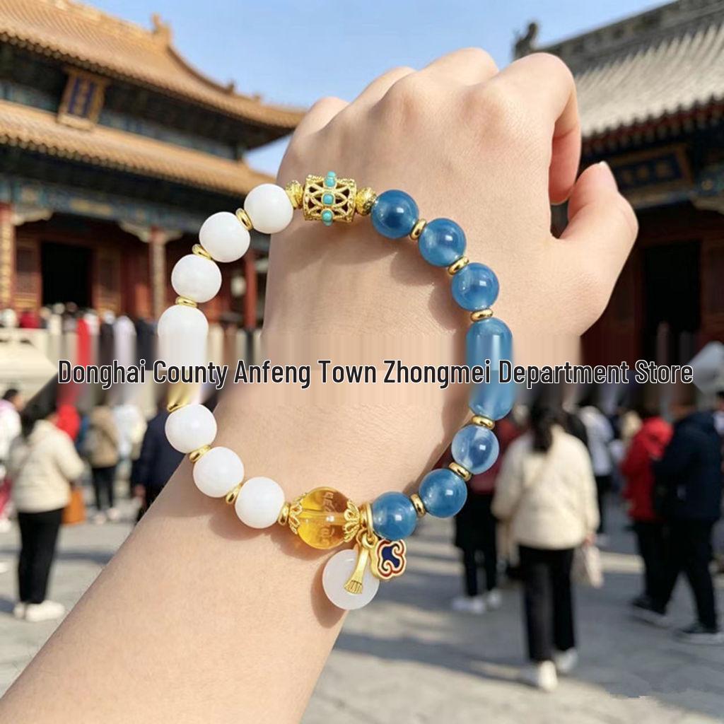 Golden Foil White Porcelain Bracelet with Agate and Auspicious Clouds Design Handmade Bead