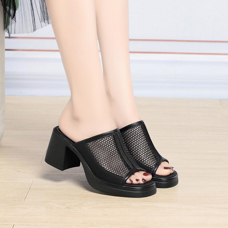 

7cm Breathable Comfortable Cutout Mesh Leather Slippers Platform Shoes 2025 Summer Med Block Heels Slides for Office Mom Daily 35