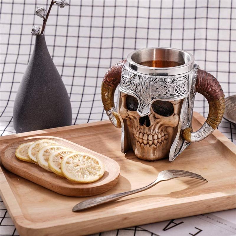 Tazza Vikinga Teschio 600ml Acciaio Inossidabile Tazze da Caffè Tazza da Viaggio Corno Tazza per Bere il Tè Decorazione Tazza di Halloween Tazza Ceramica Tiki