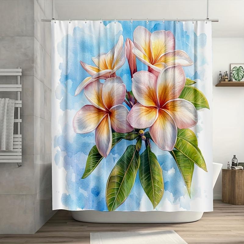 1pc Watercolor Plumeria Shower Curtain - Blue, Pink, Yellow & Green, 71x71 Inch, Polyester, 12 Hooks, Hand Wash, Bathroom Decor