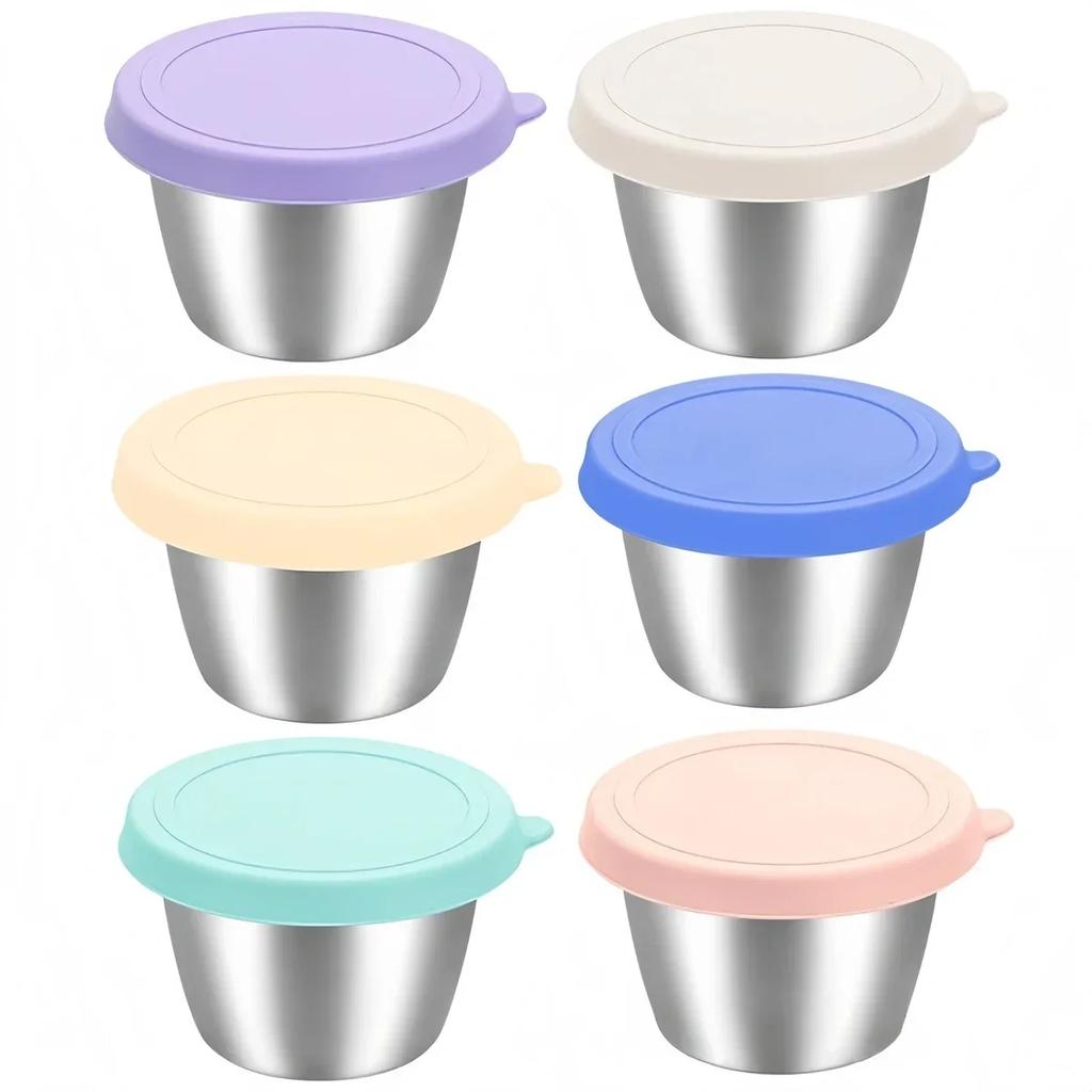 6pcs/set Stainless Steel Snack Container Bowl Salad Dressing Box With Lids 50/70ML For Picnics,barbecues,office Lunches,catering