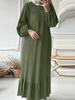 In-Stock Pleated Vintage Muslim Women's Robe with Puff Sleeves and Pocket Hem Ruffle Dress