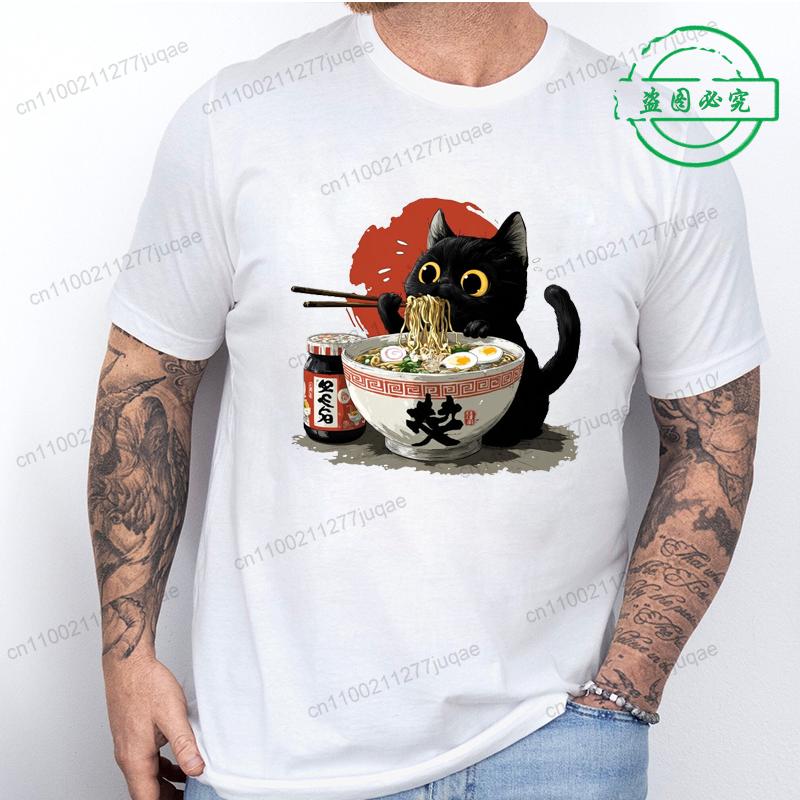 Ramen Cat Tshirt for Women Men Japanese Style Cat Lover T-Shirt Kawaii Cartoon Short Sleeve T Shirts Mens Clothes Tee Shirt Tops