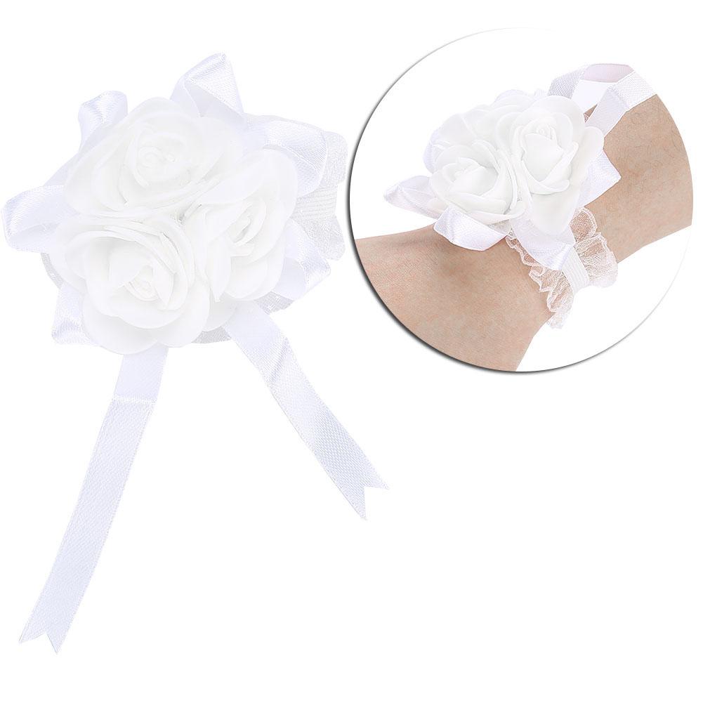 Wunderschöne Handblume Braut Brautjungfer Handgelenks-Korsage Abschlussball Hochzeitsdekorationen(Weißes Band)