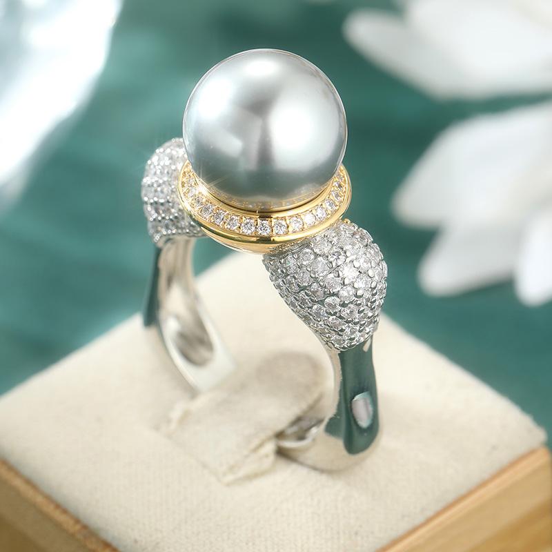 Vintage Inlaid White CZ Imitation Pearl Women's Ring Creativity Two Color Geometry Daily Wear Party Jewelry Anniversary Gift