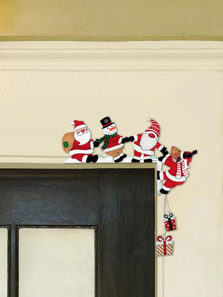 Christmas Door Corner Frame Decorative Holiday Door Frame Sign Santa Snowman Elk Wall Retro Door Frame Decoration Wooden