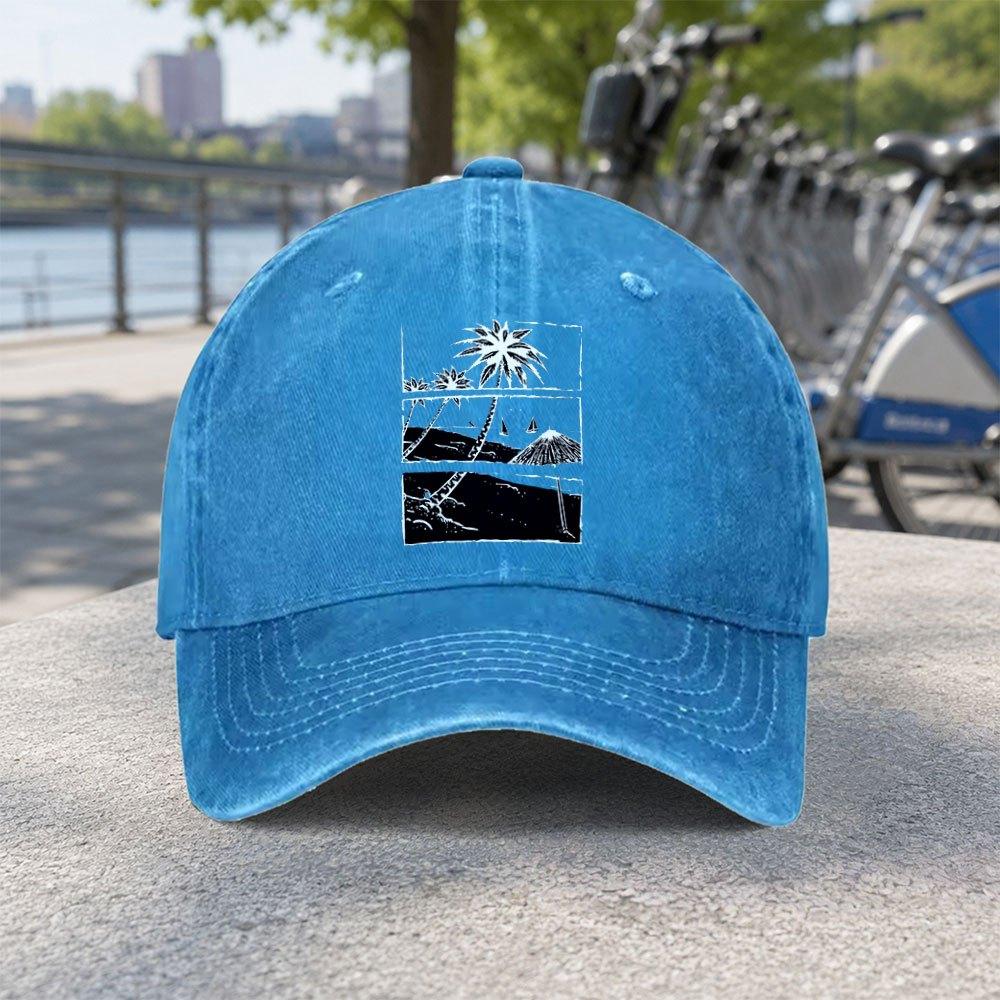 Unisex Washed Baseball Cap With Coconut Tree Beach Scenery Casual Duckbill Hat For Travel Fishing Camping Sports