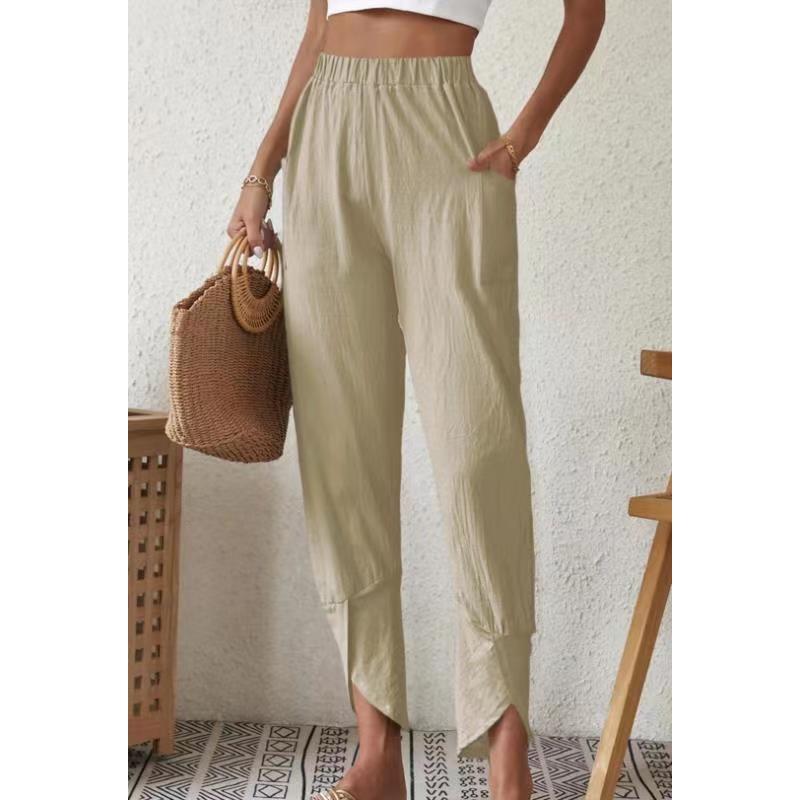 IHUASU Fall Color Casual Leg Pants Loose Pocket Cotton and Linen Small Leg Pants for Women