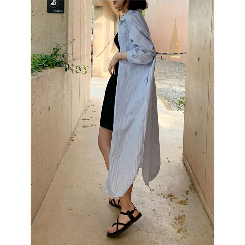 K-style Plus Size Women's Clothing Chubby Girl Fashion Commuter Ol Single-Breasted Loose Stripes Pocket Nine-Quarter Sleeve Shirt Dress