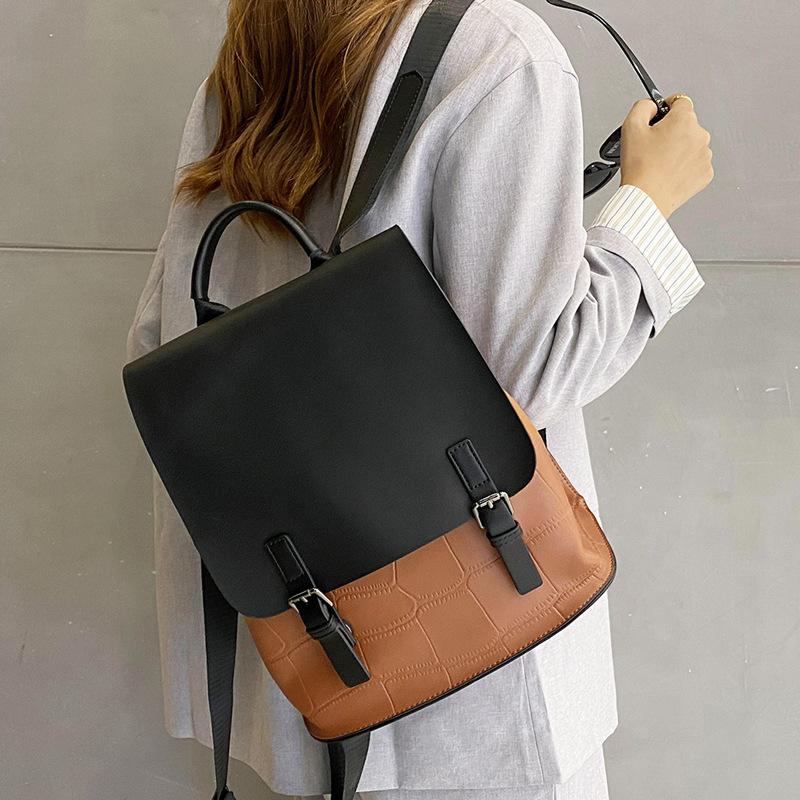 Genuine Leather Match Color Cowhide Women's Bag Simple Backpack Women's Schoolbag