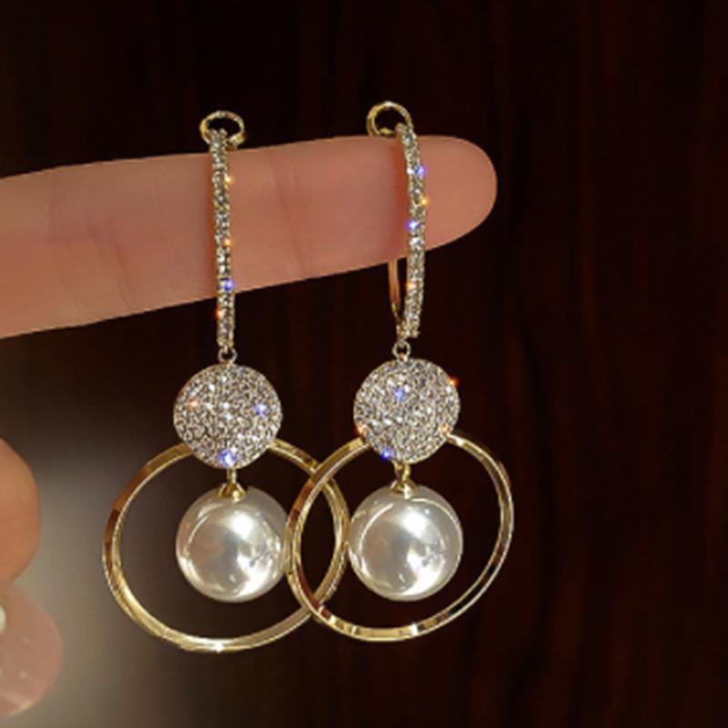 Silver Needle Ear Chain Earrings Femininity Pearl Circle Personalized Earrings Niche
