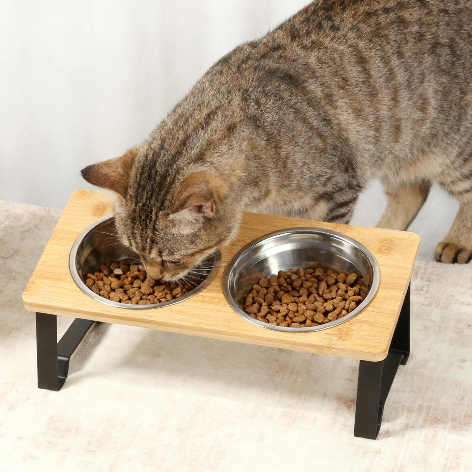 Elevated Cat Bowls Anti Slip Bamboo Wood Cat Food Bowl Stand with 2 Stainless Steel Dish for Small Cats Puppies Accessories