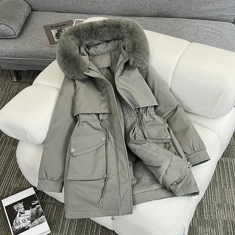 Womens Winter Thick Padded Coat Mid-Length Loose Fit Casual Commute Style With Faux Fur Hood