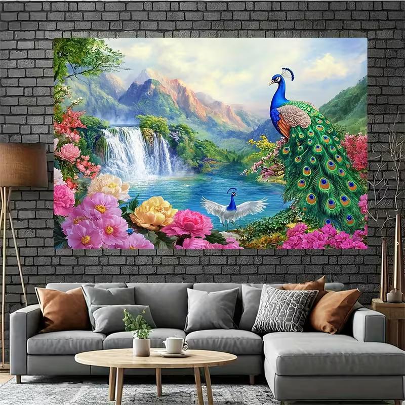 2D Elegant Peacock Floral Waterfall Backdrop Spring Nature Scenery Studio Background Cloth