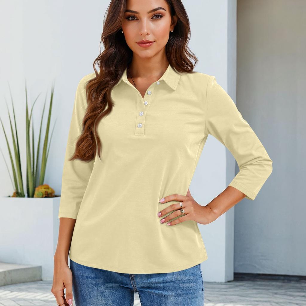 Women's Fashion Casual Lapel Short 3/4 Sleeve Solid Color Shirt Women's Button Up Tops