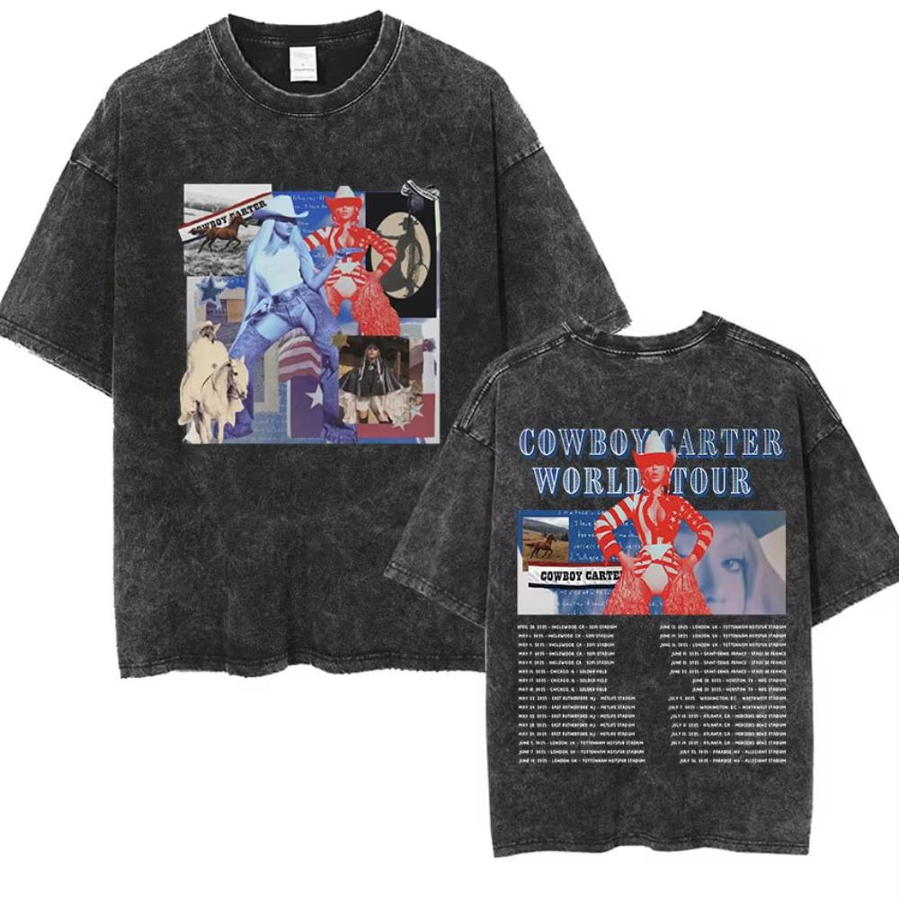 Cowboy Carter Beyonce Tour Vintage Washed T Shirts Men Women Hip Hop Harajuku Oversized Tshirt Summer Clothing Cotton Tees
