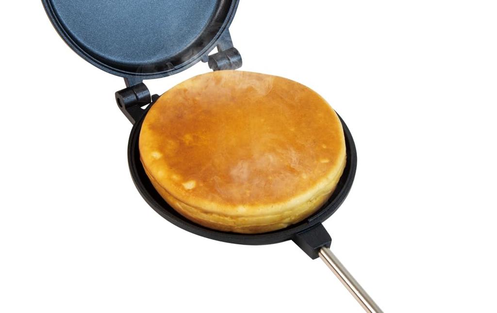 Direct-heat pancake maker with detachable handle, separate top and bottom sections, single-serving, lightweight, non-stick coating, easy to clean, ful