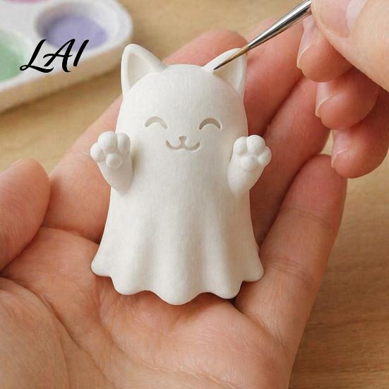 Collectible Art Figures 3D Printed Cute Ghost Cat Figurine Wink Smile Surprise Spooky Halloween Decor Lover Gifts Blank White DIY Paintable Statue,