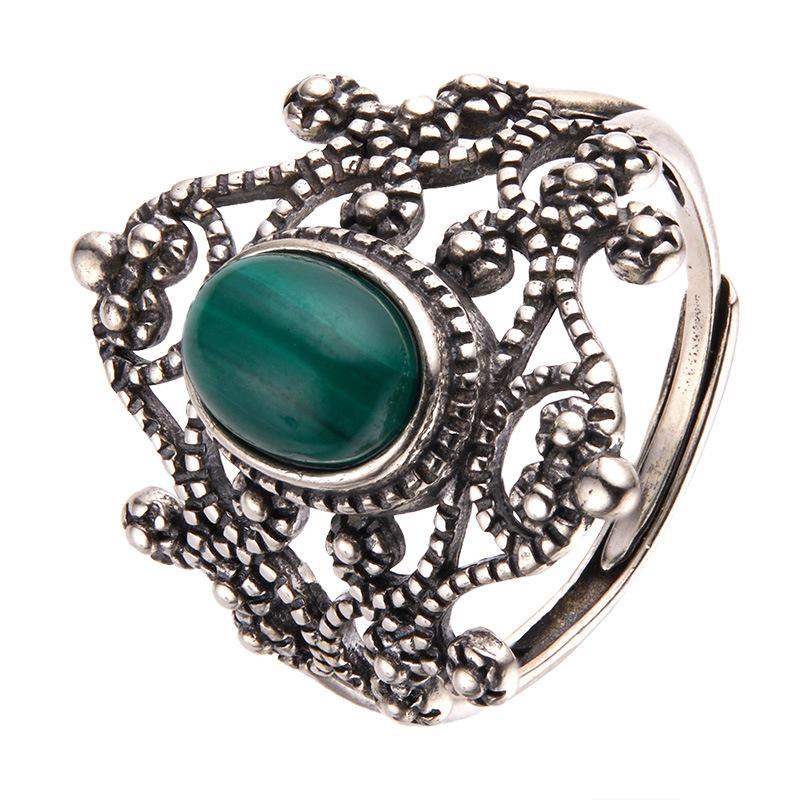 S925 Retro Thai Silver Natural Colored Treasure Ring, Personalized Hollow Lace Pattern Adjustable Open Index Finger Couple Ring