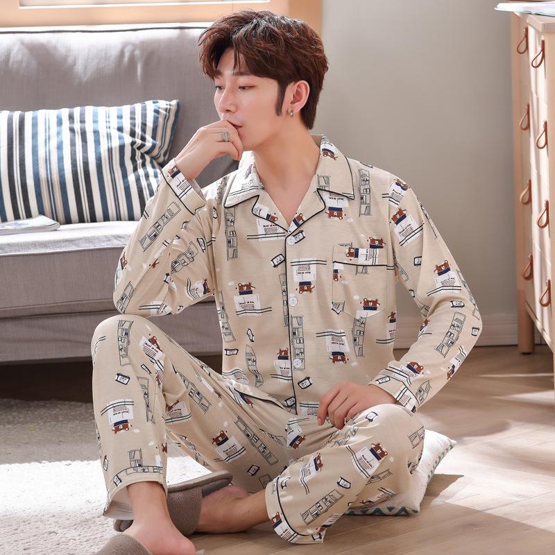 Men's Artistic Cardigan Pajama Set - Spring & Autumn Styles with Long Sleeves and Pants, Plus Size Available