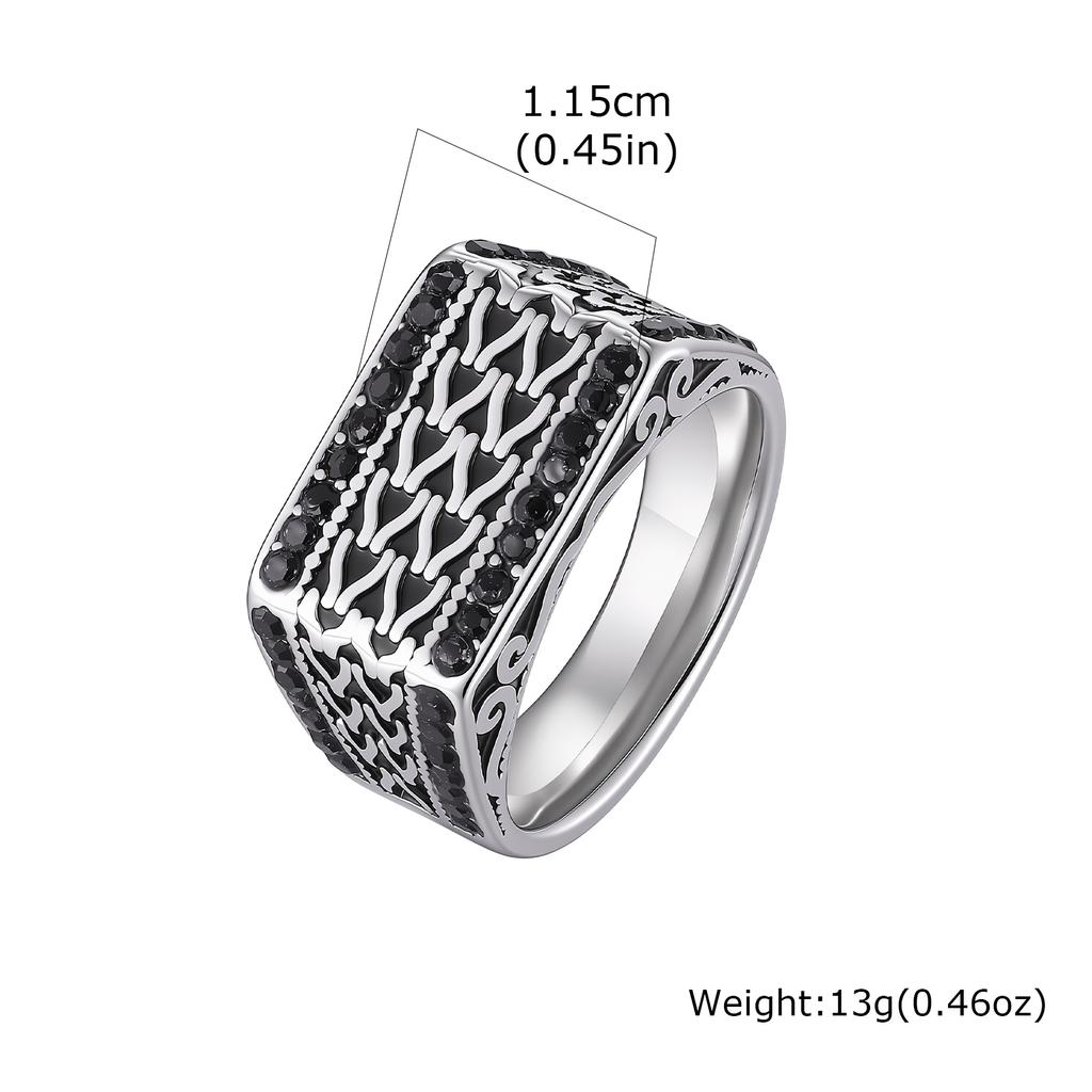 Unique Geometric Patterned Stainless Steel Ring Inlaid Black Zircon Chunky Rings for Men Charm Fashion Finger Jewelry Size 7-12