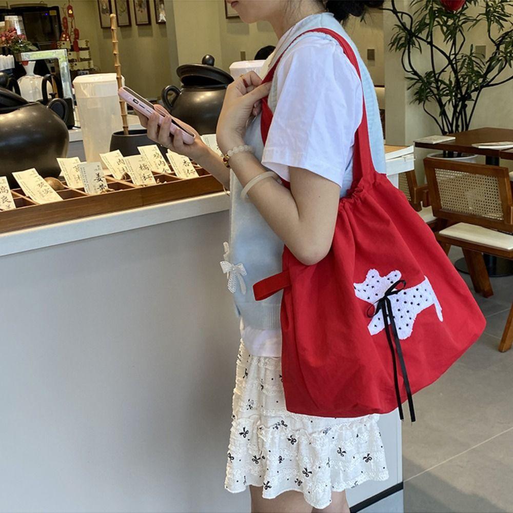 Puppy Embroidery Drawstring Shoulder Bag Bow Spotted Women's Handbag Casual Canvas Tote Bag  Beach