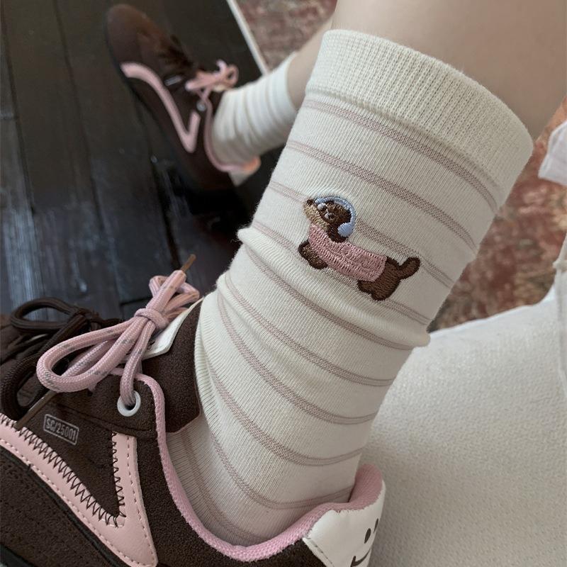 Embroidered Dachshund Mid-calf Thin Cotton Socks Fine-striped Dachshund Basic Versatile Cotton Socks