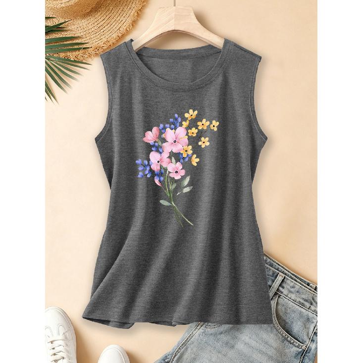 2026 New Spring, Summer, and Autumn Women's Round-neck Design Pink, Purple, and Yellow Watercolor Floral Bouquet Sleeveless Vest for Daily