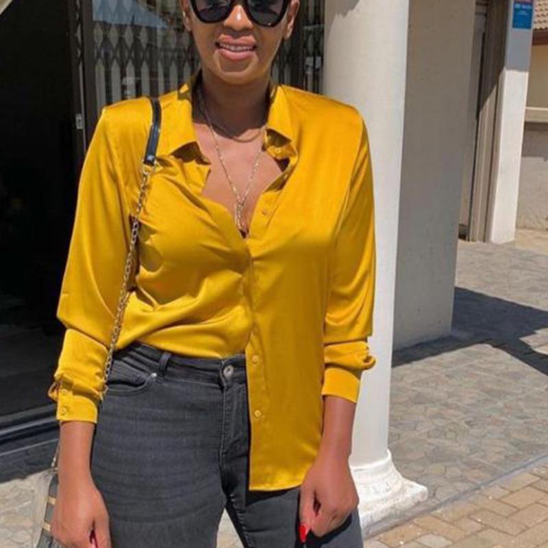 Spring and Autumn Women's Shirt Blouse Single Breasted Tide Solid Color Long Sleeve Tops