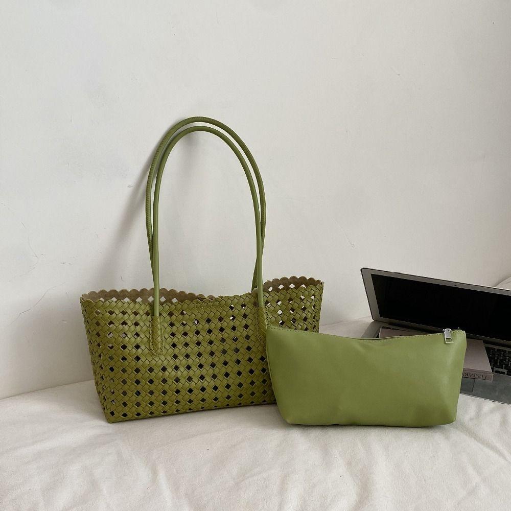 Foldable Hollow Out Weave Bag Large Capacity Beach Handbag Trendy Leather Woven Tote Bag Girls