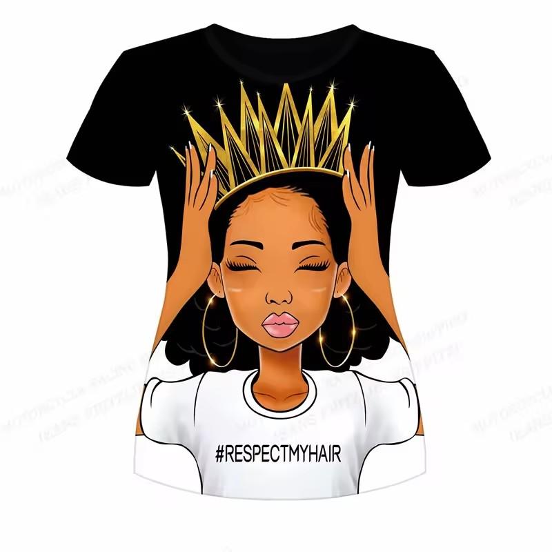 Melanin Girl Natural Hair Pattern T-shirt, women's T-shirt, African casual short-sleeved round-neck top T-shirt