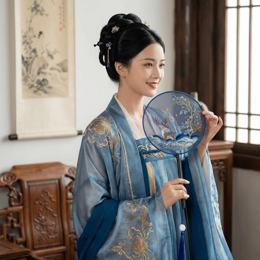 Chinese Style Double Sided Embroidery Fan Long Handle Vintage Hand Fan Dance Fan Party
