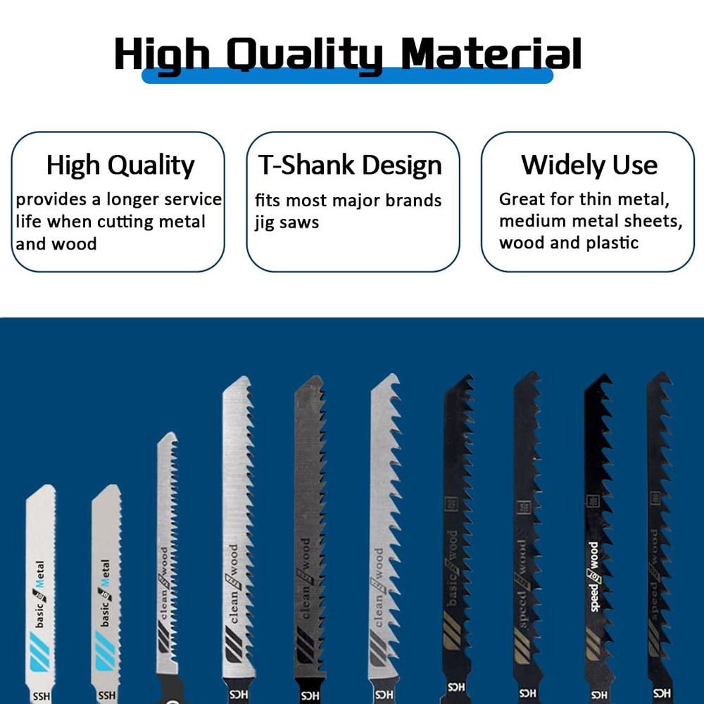10Pcs  Multi-Purpose T-Shaft Jigsaw Blades HCS Assorted Jig Saw Blades High Speed Carbon Steel For Wood Plastic Metal Cutting
