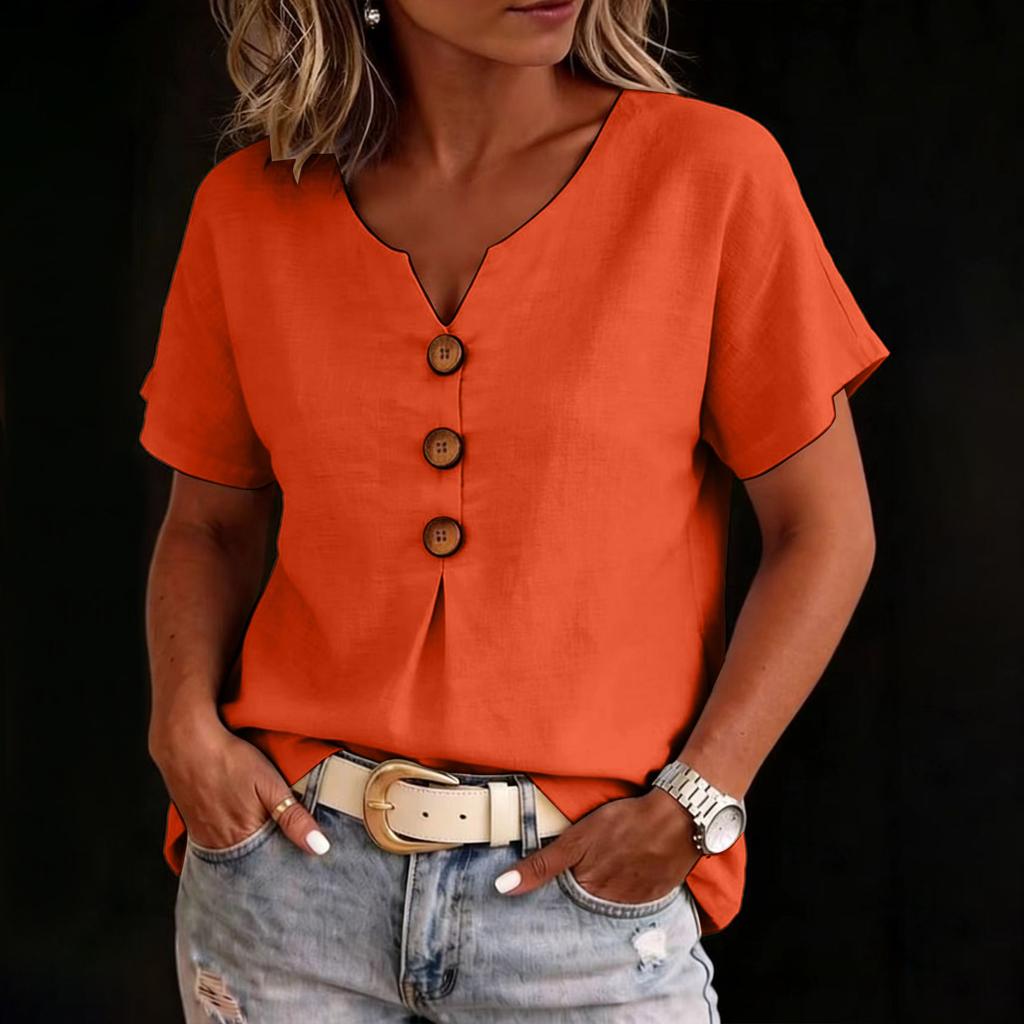 Women’s V Neck Cotton Linen Short Sleeve Button Front Casual Loose Fit Blouse Lightweight Summer Top for Daily Wear