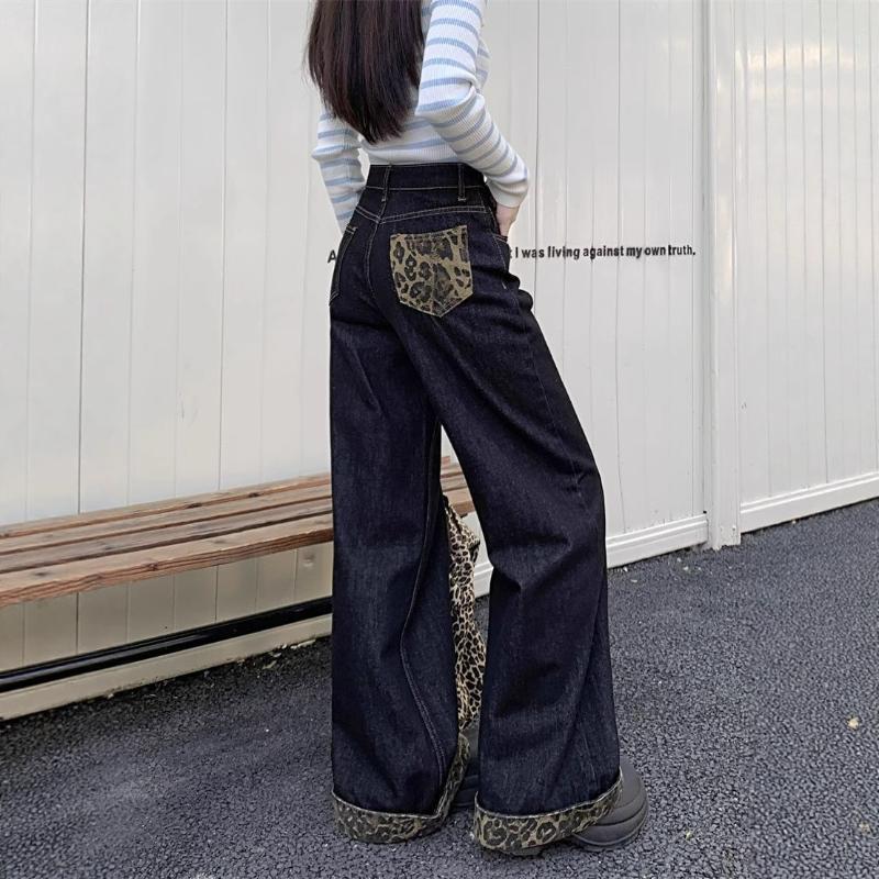 Cuffed Paneled Leopard Print Wide Leg Jeans Women Spring Autumn New Style Slimming Floor Length Loose Straight Leg Pants