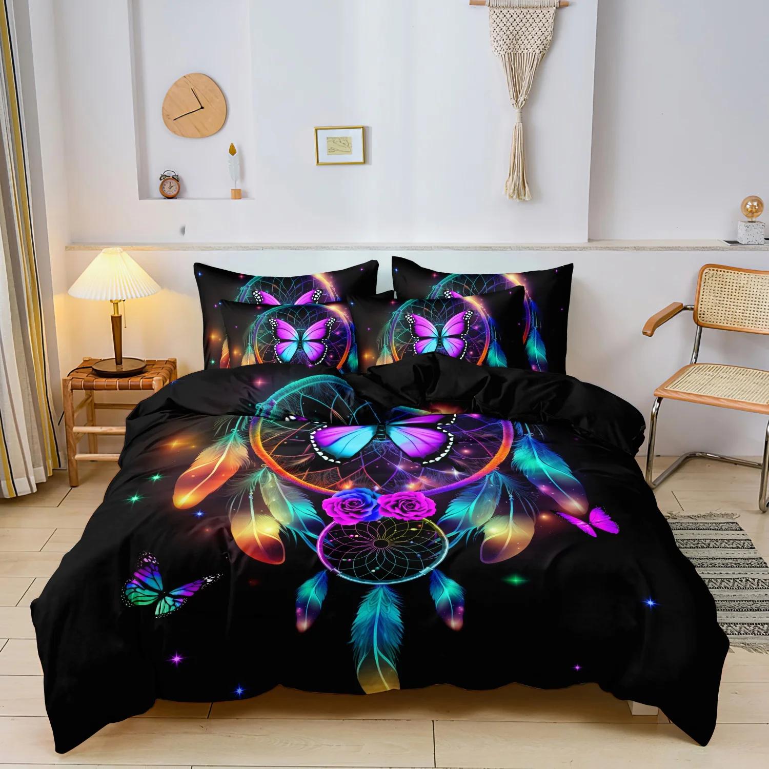3pcs Dreamcatcher Pattern Printed Bedding Set1 Quilt Cover+2 Pillowcase Suitable for Adults Bedroom Dreamcatcher Duvet Cover Set (135x200cm)