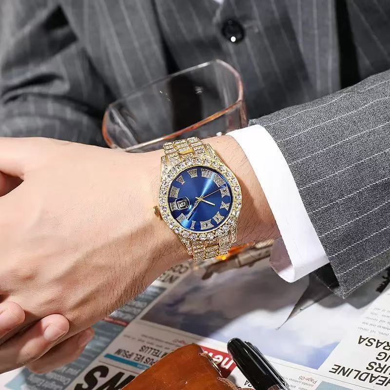 European and American Men's Watches, Steel Belt Diamond-encrusted Calendar Quartz Watches, High-end Roman Scale Business Leisure Watches