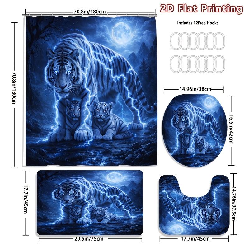 4Pcs Electric Tiger Shower Curtain Set with Non-Slip Bath Mat, Toilet Lid Cover, Contour Rug & 12 Hooks, Bathroom Decor