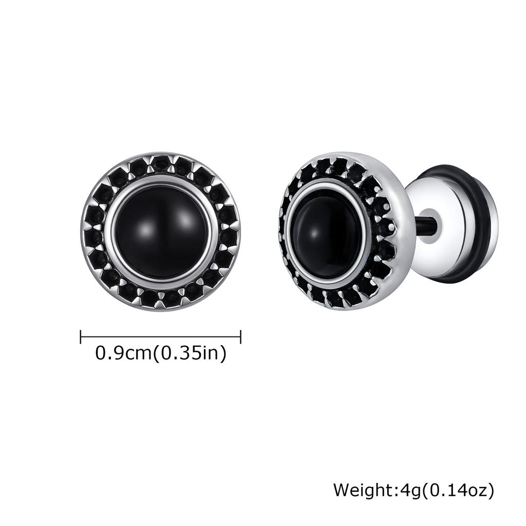 New Natural Stone Men's Small Round Stud Earrings,Simple Stainless Steel Metal Stud Earrings,Hip Hop Cool Jewelry Gift