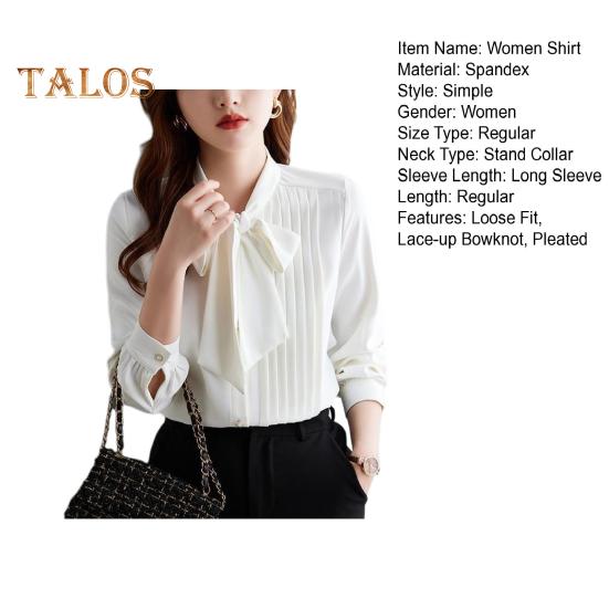 Women Shirt Stand Collar Lace-up Bowknot Long Sleeve Pleated Pullover Tops Solid Color Loose Fit Chiffon Blouse