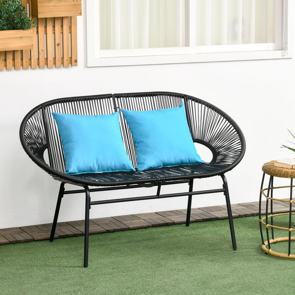 Bench Garden Bench 2-Seater In Metal and Resin Rope with 2 Cushions - Dim. 132L X 72W X 83H Cm - Black