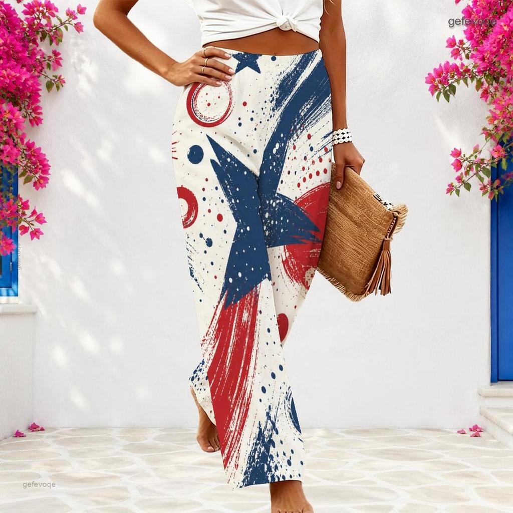 Women Plus Size Red Blue White Star Printed Loose Wide Leg Full Length Casual Pants
