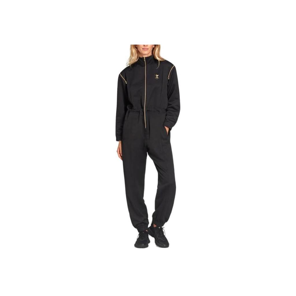 Adidas Originals Solid Color Zip Collar Long Sleeve Jumpsuit Women jumpsuit Black HG6682