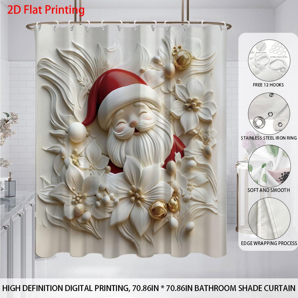 1 Imitation Relief Santa Claus Print Waterproof Shower Curtain Partition Privacy Hanging Curtain With 12 Hooks Easy Installation
