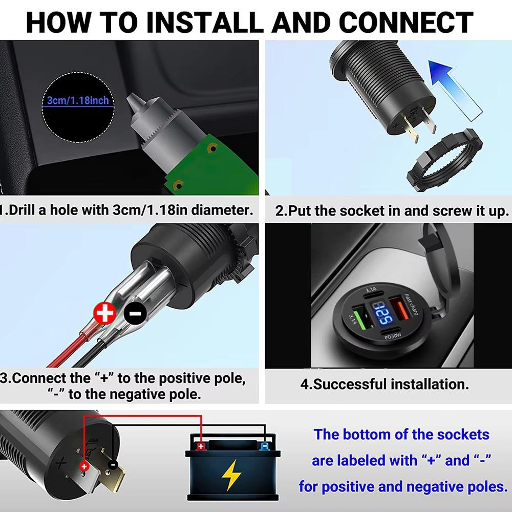 83W Car Charger Socket PD30W Fast Charging Dual USB+Type C Outlet Phone Power Adapter with Voltmeter for Motorcycle Truck Boat